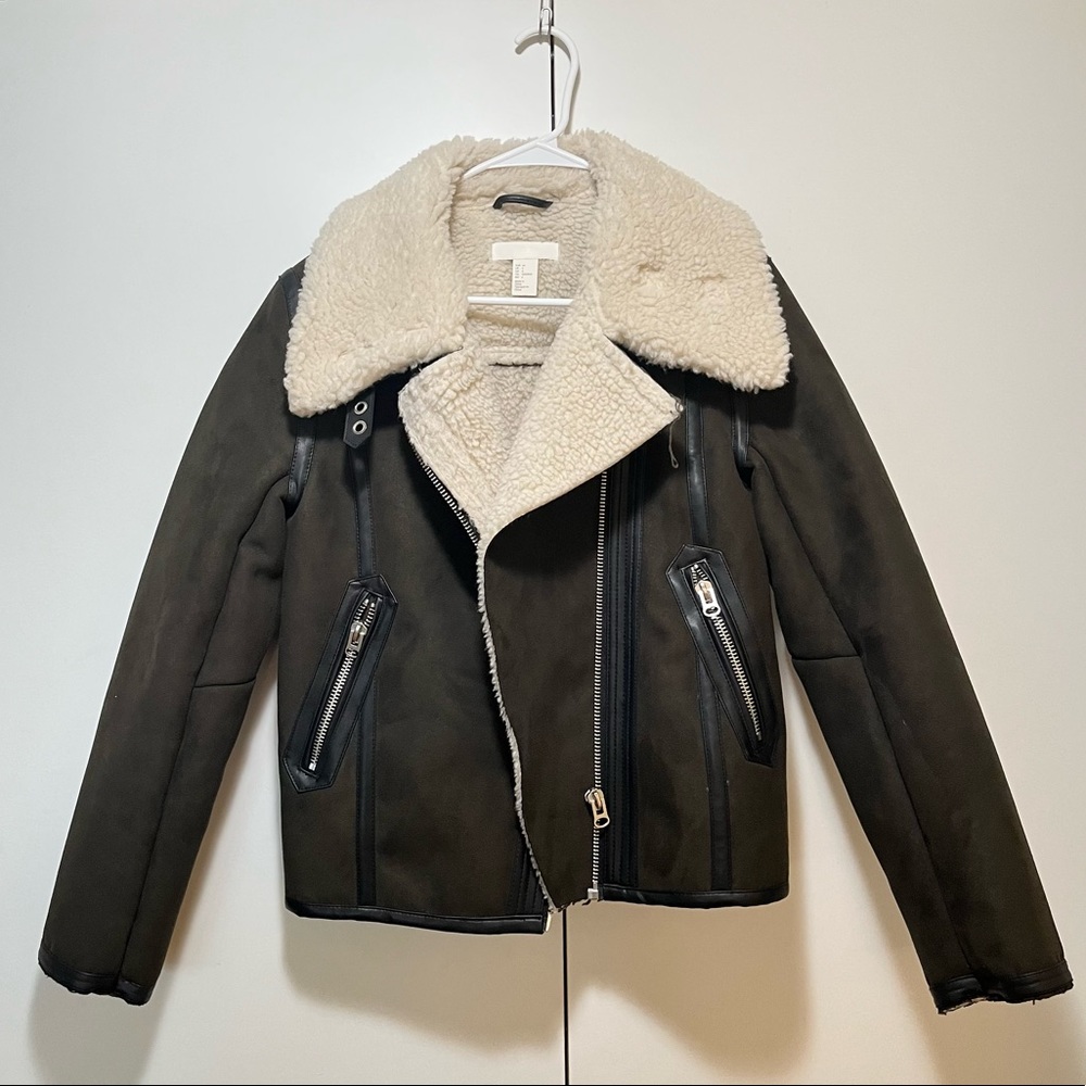 Sherpa lined faux suede biker jacket
